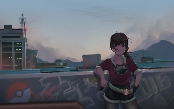 A vibrant 8K Ultra HD wallpaper featuring a character posed against a cityscape, with elements inspired by Pokémon Go, capturing an adventurous gaming atmosphere at dusk.