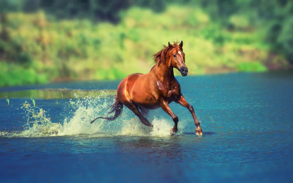 A majestic horse splashes through water in a vibrant natural setting, captured in stunning 4K Ultra HD for a crisp PC desktop wallpaper.
