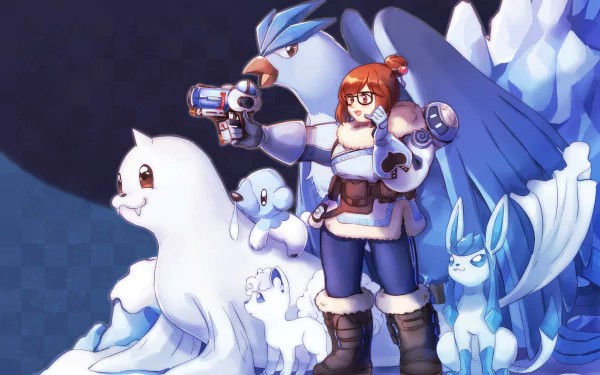 HD PC wallpaper featuring Mei from Overwatch surrounded by Ice-type Pokémon including Glaceon, Dewgong, Cubchoo, Vulpix, and Articuno, all set in a snowy environment.