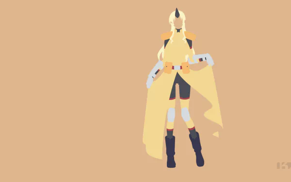 Minimalist anime HD wallpaper featuring Tionishia from Monster Musume with blonde hair, yellow dress, horns, gloves, and black boots on a beige background.