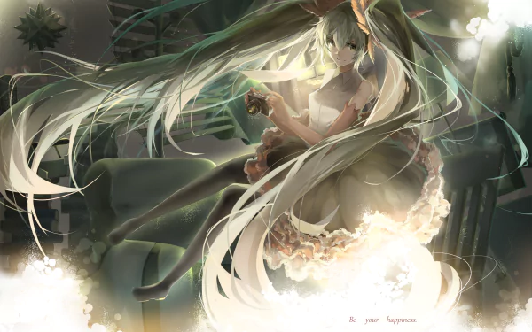 HD PC desktop wallpaper featuring Hatsune Miku with long hair in an ethereal anime style, capturing the iconic Vocaloid character in a glowing, dreamy atmosphere.