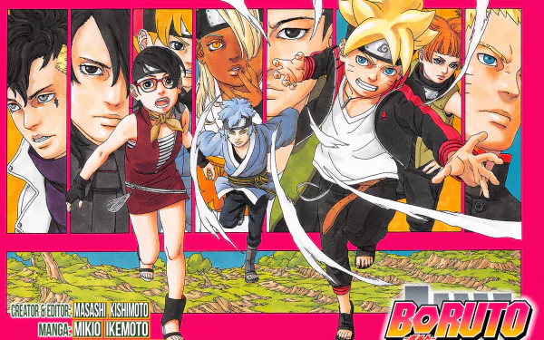 Vibrant HD wallpaper featuring characters from Boruto, including Boruto Uzumaki, Sarada Uchiha, and Sasuke Uchiha, showcased in an action-packed design. Perfect for anime fans.