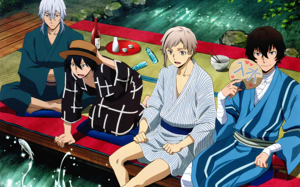 HD desktop wallpaper featuring anime characters Yukichi Fukuzawa, Ranpo Edogawa, Osamu Dazai, and Atsushi Nakajima from Bungou Stray Dogs, relaxing by a serene stream.