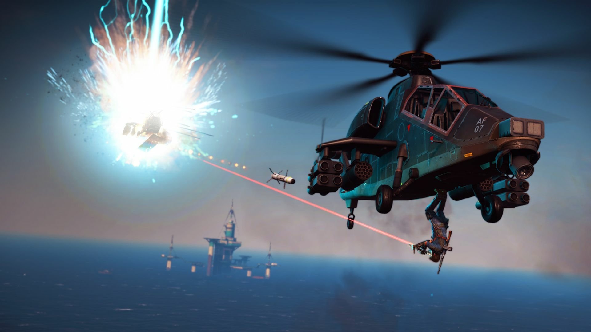 HD PC wallpaper of Rico Rodriguez from Just Cause 3: Bavarium Sea Heist, featuring intense action with a helicopter and explosive energy over the sea.