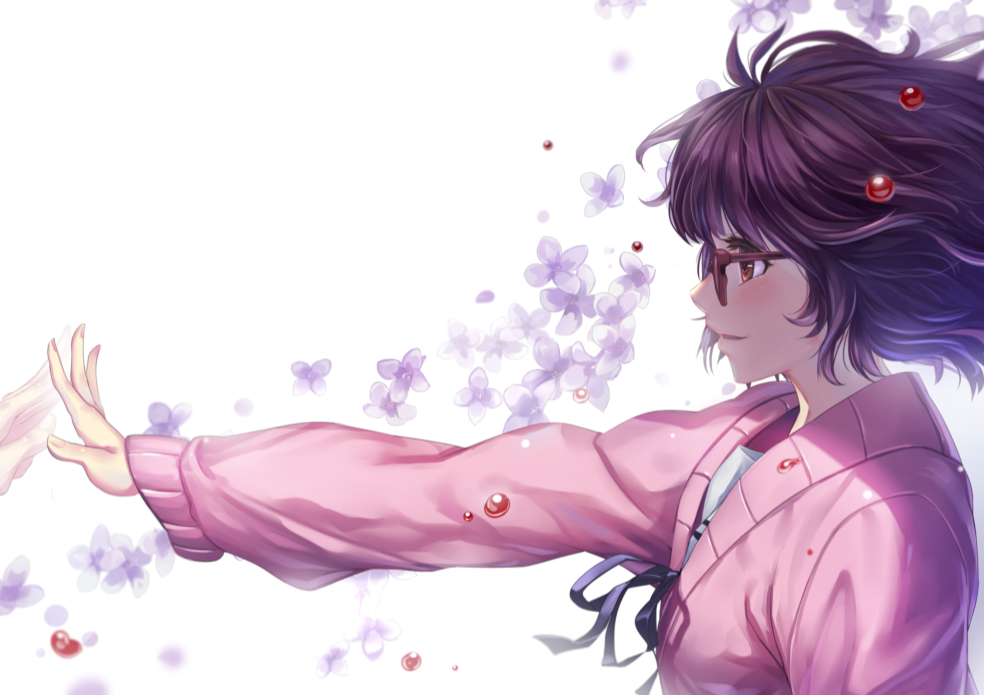 Mirai Kuriyama from Beyond the Boundary reaches out with a gentle expression, surrounded by floating purple flowers, in this vibrant HD anime wallpaper.