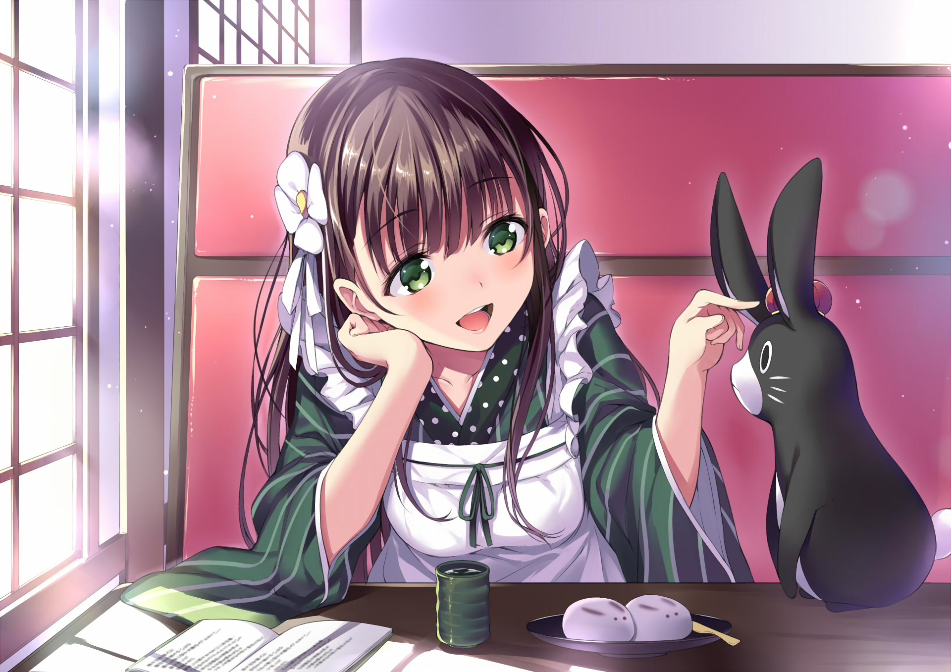 HD anime desktop wallpaper featuring a green-eyed girl in traditional attire from Is the Order a Rabbit petting a black rabbit by a window with soft sunlight.