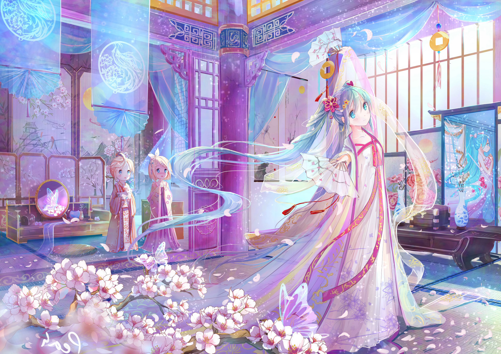 HD desktop wallpaper featuring Hatsune Miku in traditional attire, surrounded by cherry blossoms in a beautifully detailed anime and Vocaloid-themed setting.