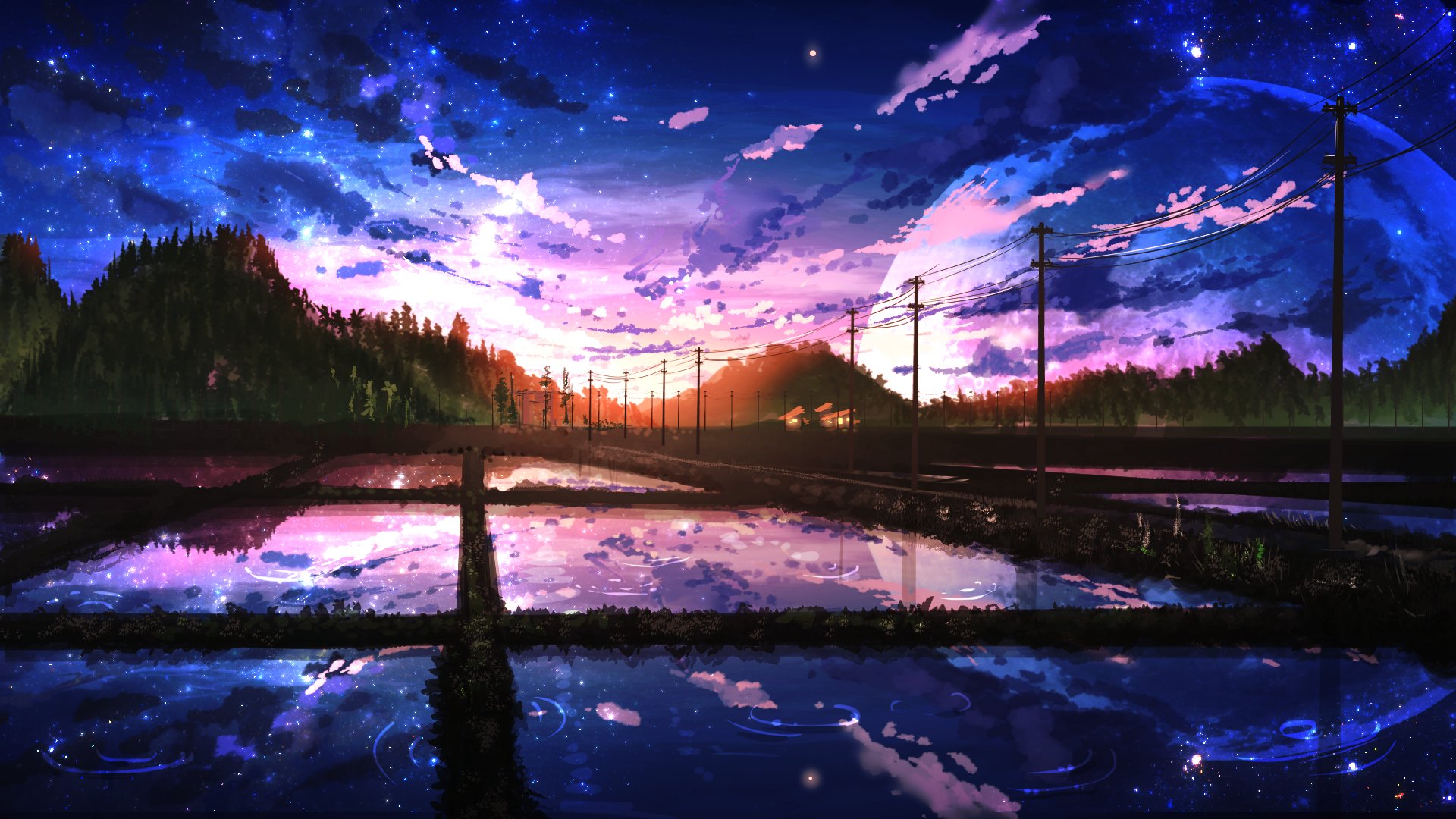 HD anime wallpaper featuring a tranquil landscape at twilight, with a vivid sky and reflections in a rice field. Power lines stretch into the distance, framed by lush hills and twinkling stars.