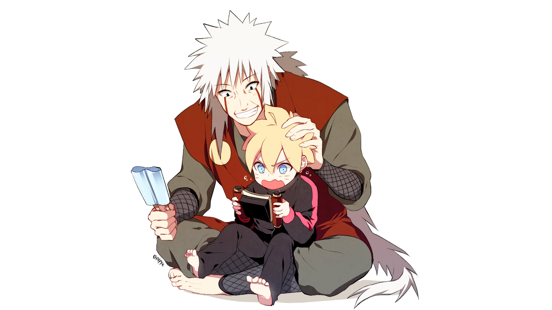 Boruto Uzumaki and Jiraiya from Naruto share a heartwarming moment in this HD wallpaper, showcasing their bond in a vibrant and playful anime style.