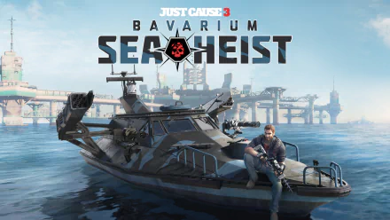 HD PC desktop wallpaper featuring Rico Rodriguez from Just Cause 3: Bavarium Sea Heist, showcasing a stealth boat in a coastal industrial setting.