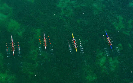 Aerial view of four rowing kayaks cutting through dark green water, capturing the dynamic motion of the sports activity in this HD desktop wallpaper background.