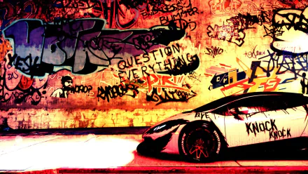 HD wallpaper of a Lamborghini Huracan against a graffiti-covered wall, inspired by Need for Speed (2015) video game. The scene exudes vibrant street racing culture.