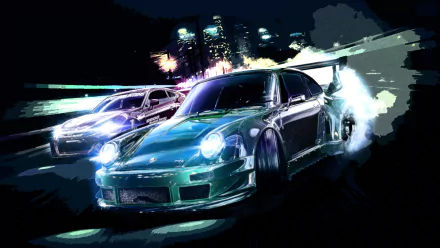 HD PC desktop wallpaper for the video game Need For Speed (2015): stylized neon-lit city night scene of two high-performance cars drifting with motion blur and glowing headlights.