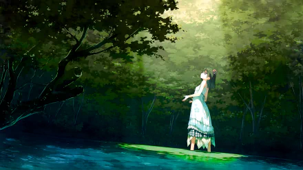 An HD wallpaper from 5 Nenme no Houkago anime, depicting a girl in a serene forest, standing on a green patch amidst a stream, with sunlight filtering through the trees.