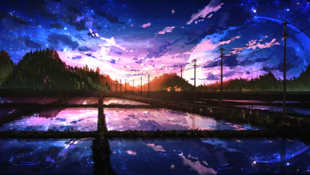 HD anime wallpaper featuring a tranquil landscape at twilight, with a vivid sky and reflections in a rice field. Power lines stretch into the distance, framed by lush hills and twinkling stars.