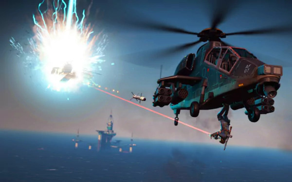 HD PC wallpaper of Rico Rodriguez from Just Cause 3: Bavarium Sea Heist, featuring intense action with a helicopter and explosive energy over the sea.