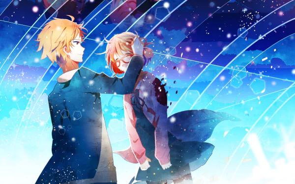 Anime-inspired wallpaper featuring Mirai Kuriyama and Akihito Kanbara from Beyond the Boundary, set against a vibrant, abstract background with swirling lines.