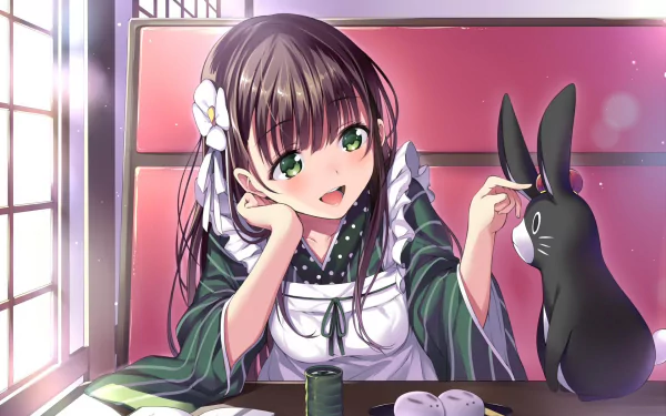 HD anime desktop wallpaper featuring a green-eyed girl in traditional attire from Is the Order a Rabbit petting a black rabbit by a window with soft sunlight.