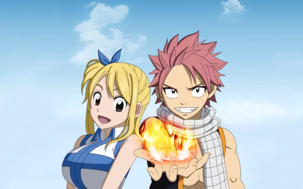 A vibrant HD wallpaper featuring Natsu Dragneel and Lucy Heartfilia from the anime Fairy Tail, showcasing their adventurous spirit against a blue sky background.