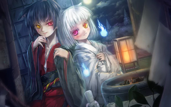 HD PC desktop wallpaper of two dark anime girls at night: a ghostly white-haired girl and a dark-haired girl, both with heterochromia, a blue spirit flame and a lantern in a moody, dark anime scene.