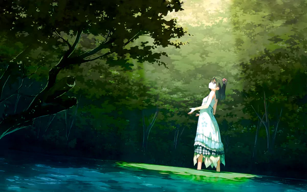An HD wallpaper from 5 Nenme no Houkago anime, depicting a girl in a serene forest, standing on a green patch amidst a stream, with sunlight filtering through the trees.