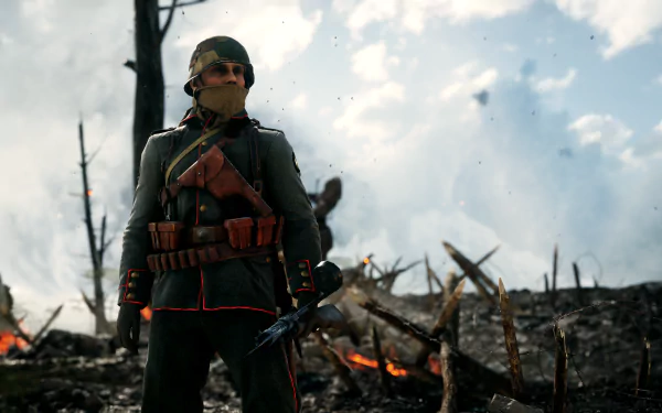 A soldier stands amidst a war-torn landscape in this HD wallpaper from Battlefield 1, featuring dramatic skies and remnants of battle in the background.
