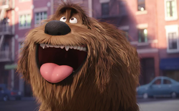 Shaggy brown dog Duke from the movie The Secret Life of Pets, tongue out and joyful, 2K Quad HD PC desktop wallpaper/background.