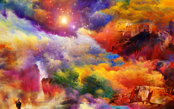 A vibrant, artistic fantasy scene blending colorful smoke and space elements surrounding a mysterious building, rendered in stunning 4K Ultra HD detail.