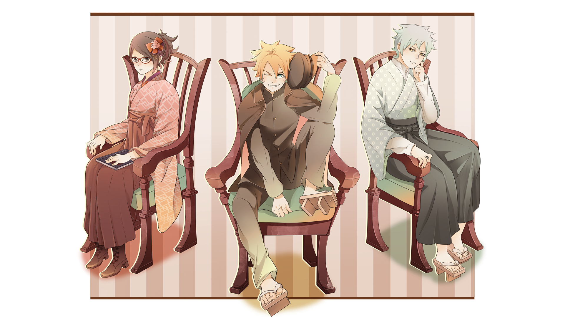A colorful HD wallpaper featuring Mitsuki, Boruto Uzumaki, and Sarada Uchiha from the anime Boruto, sitting in elegant chairs against a striped background.