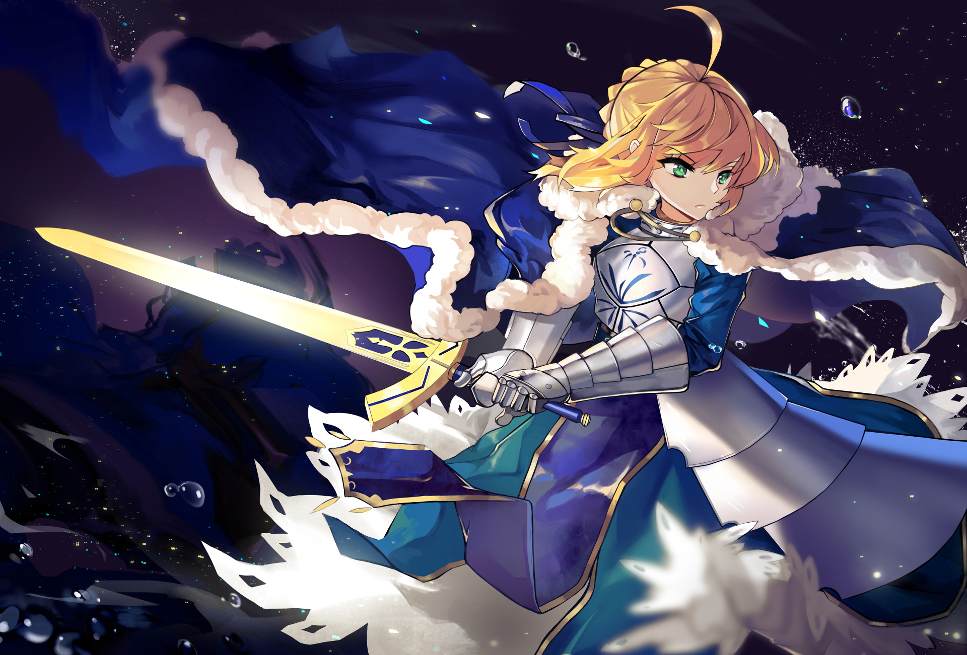 A striking HD wallpaper featuring Saber from the Fate Series, wielding a sword with determination against a dramatic background, embodying the essence of Fate/Stay Night.