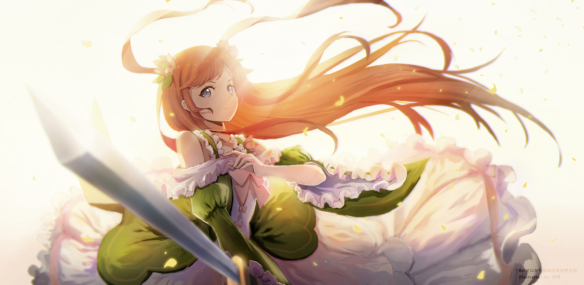 HD wallpaper featuring Theresia van Astrea from the anime Re:Zero - Starting Life in Another World, showcasing her serene expression and flowing hair surrounded by petals.