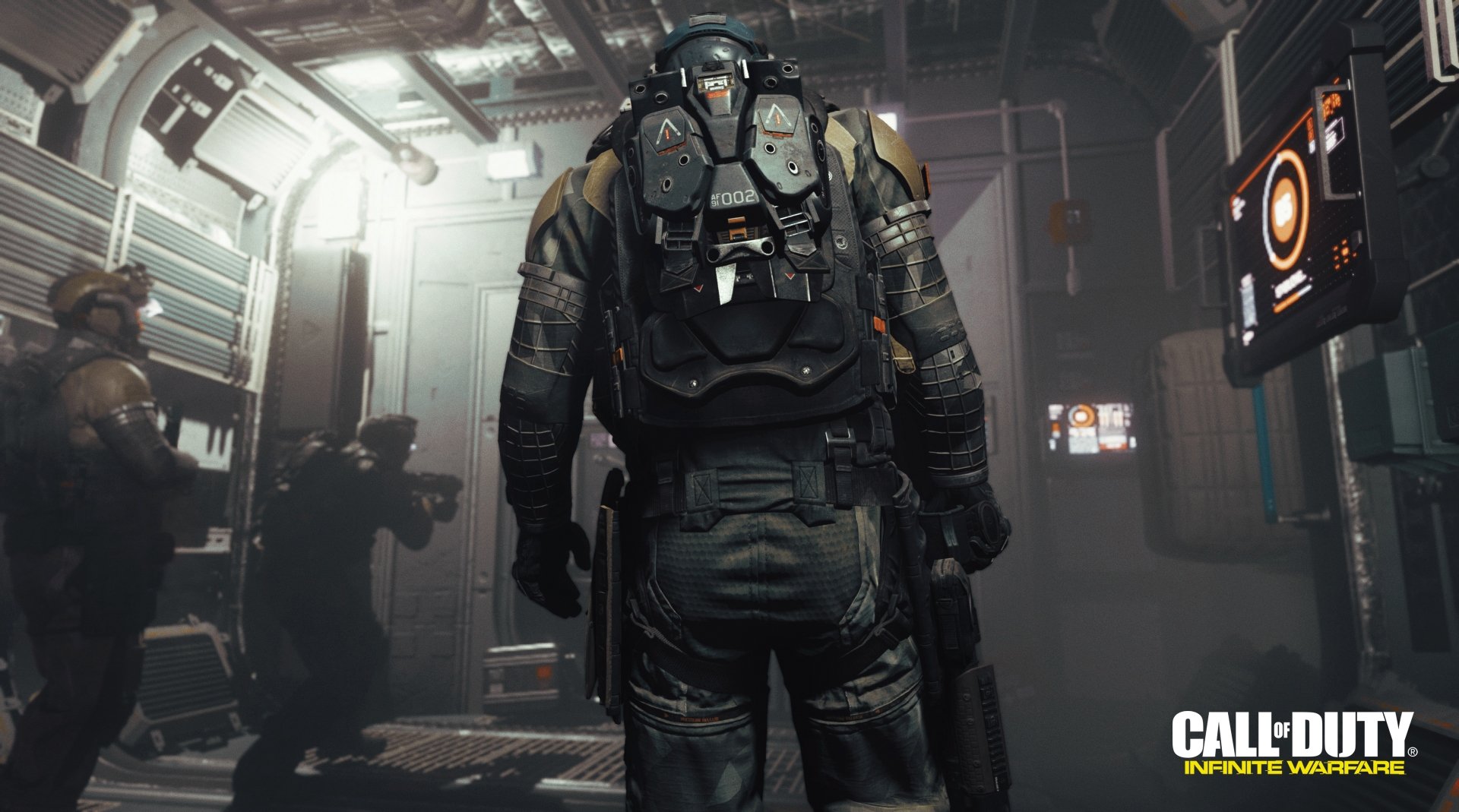 HD PC desktop wallpaper featuring a tactical soldier from the video game Call of Duty: Infinite Warfare in a futuristic combat setting.