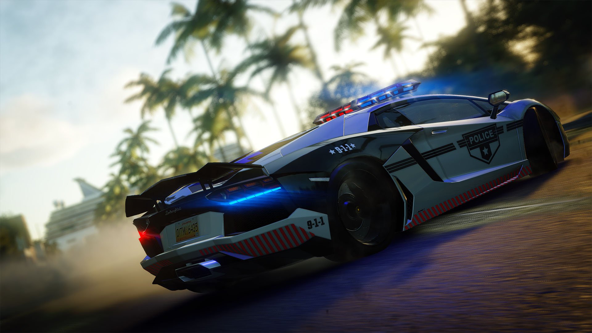 HD PC desktop wallpaper from video game The Crew showing a police supercar racing at dusk past palm trees, blue lights flashing.