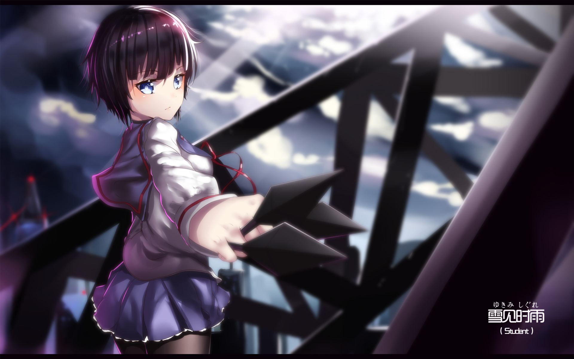 HD anime desktop wallpaper featuring a character from Seraph of the End with short dark hair, blue eyes, and a school uniform holding shuriken against a dark, cloudy backdrop.