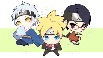 Chibi-style Mitsuki, Boruto Uzumaki, and Sarada Uchiha from the anime Boruto, set against a light green background. This HD desktop wallpaper captures the trio in adorable and playful poses.