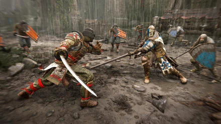 For Honor (video game) HD PC desktop wallpaper: armored samurai and knight clash with swords amid a muddy, rain-soaked battlefield while other soldiers fight in the background.
