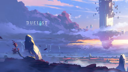 HD PC desktop wallpaper featuring a scenic Duelyst video game landscape with floating structures and a dramatic sky at sunset.