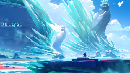 HD PC desktop wallpaper featuring epic icy landscapes and towering statues from the video game Duelyst, showcasing a lone figure standing on a platform beneath a bright blue sky.