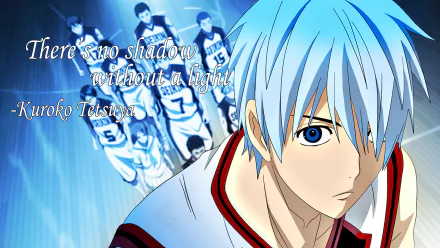 A dynamic HD desktop wallpaper featuring Tetsuya Kuroko from Kuroko's Basketball, showcasing his iconic blue hair and a powerful basketball theme with a motivational quote.