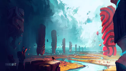 A stunning HD desktop wallpaper inspired by the video game Duelyst, featuring towering monoliths against a vibrant sky, set in a surreal landscape.
