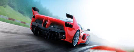 HD PC desktop wallpaper featuring a red Ferrari FXX K racing in the video game Assetto Corsa, showcasing dynamic motion and detailed car design.