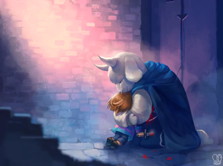 A heartwarming scene of Toriel and Frisk from Undertale, showcasing their bond in a beautifully illustrated HD wallpaper, with soft lighting and a magical atmosphere.