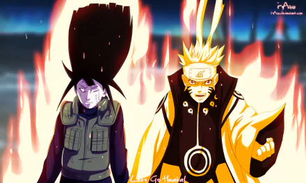 Hinata Hyuga and Naruto Uzumaki stand side by side against a fiery background, showcasing their iconic looks from the Naruto anime in this vibrant HD wallpaper.