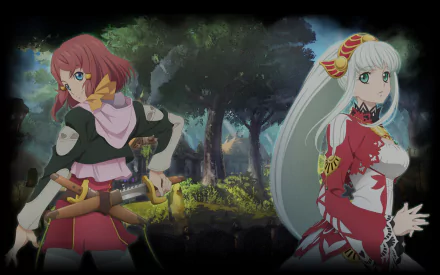 HD anime wallpaper featuring Rose and Lailah from Tales of Zestiria the X, set against a forest backdrop with vivid colors and detailed character designs.
