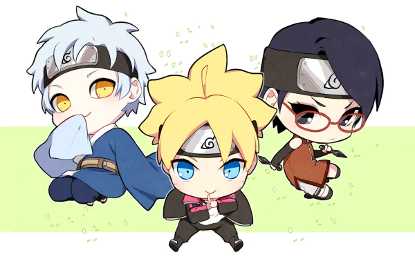 Chibi-style Mitsuki, Boruto Uzumaki, and Sarada Uchiha from the anime Boruto, set against a light green background. This HD desktop wallpaper captures the trio in adorable and playful poses.