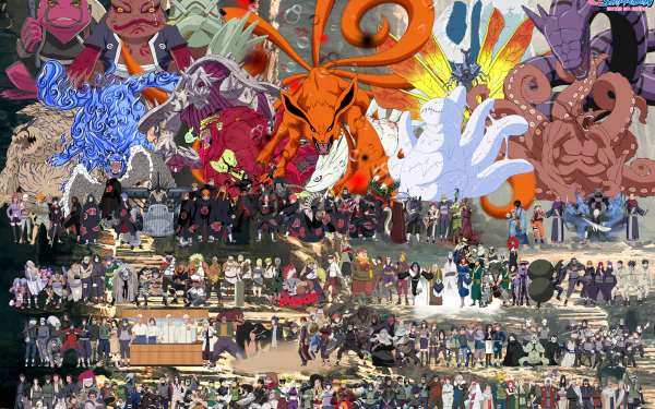HD desktop wallpaper featuring characters and scenes from the anime Naruto, showcasing a colorful and dynamic collage of iconic moments and figures.