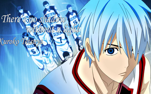 A dynamic HD desktop wallpaper featuring Tetsuya Kuroko from Kuroko's Basketball, showcasing his iconic blue hair and a powerful basketball theme with a motivational quote.