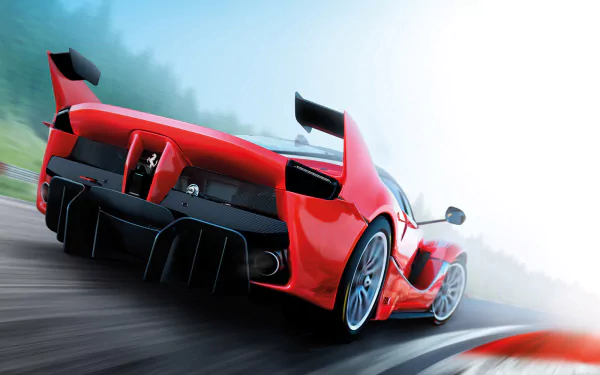 HD PC desktop wallpaper featuring a red Ferrari FXX K racing in the video game Assetto Corsa, showcasing dynamic motion and detailed car design.