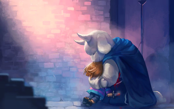 A heartwarming scene of Toriel and Frisk from Undertale, showcasing their bond in a beautifully illustrated HD wallpaper, with soft lighting and a magical atmosphere.