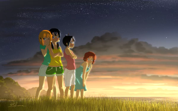 HD PC desktop wallpaper featuring anime characters from Tamako Market standing in a grassy field under a starry, twilight sky.